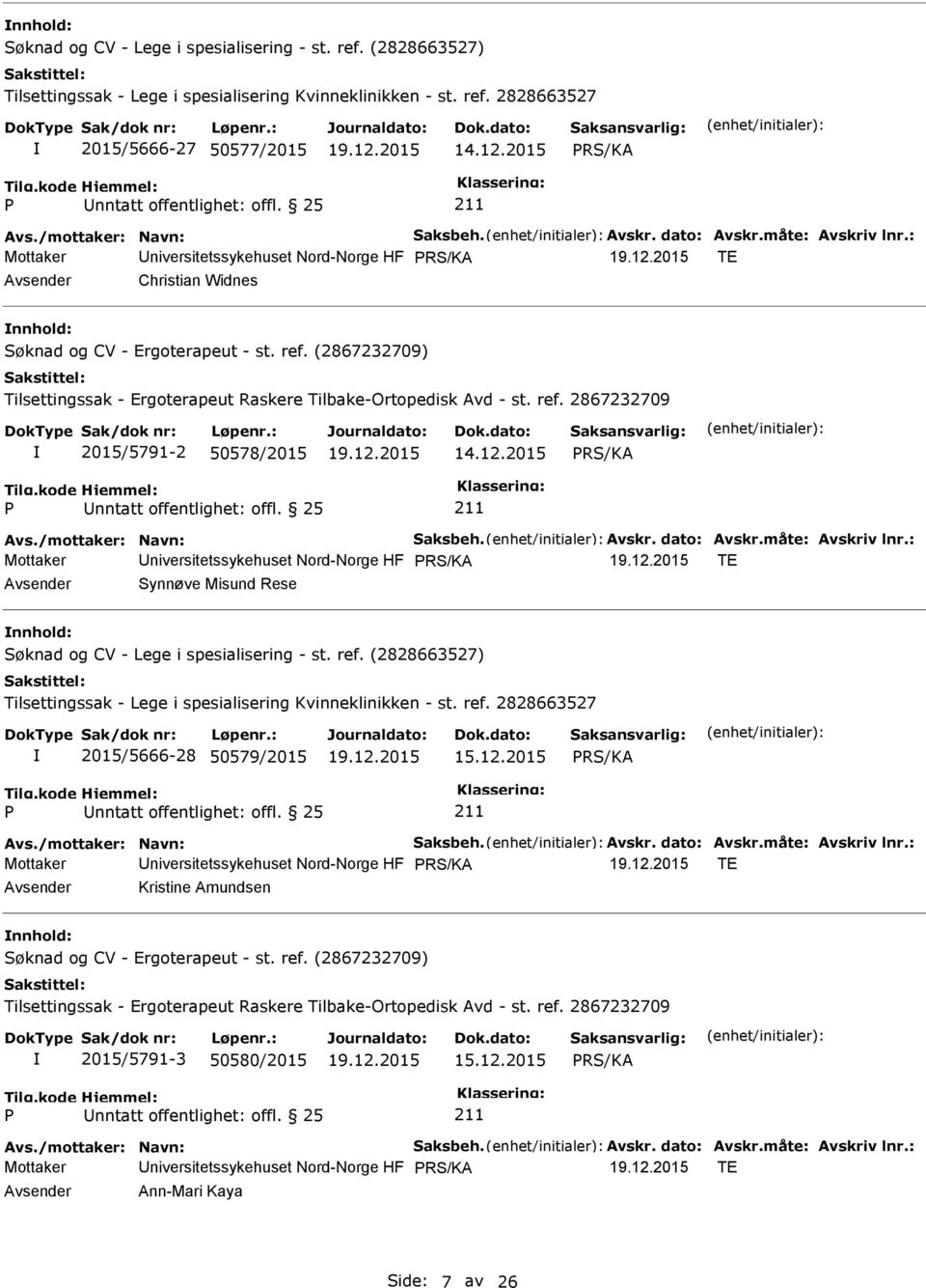 2015 Mottaker niversitetssykehuset Nord-Norge HF TE Synnøve Misund Rese 2015/5666-28 50579/2015 15.12.