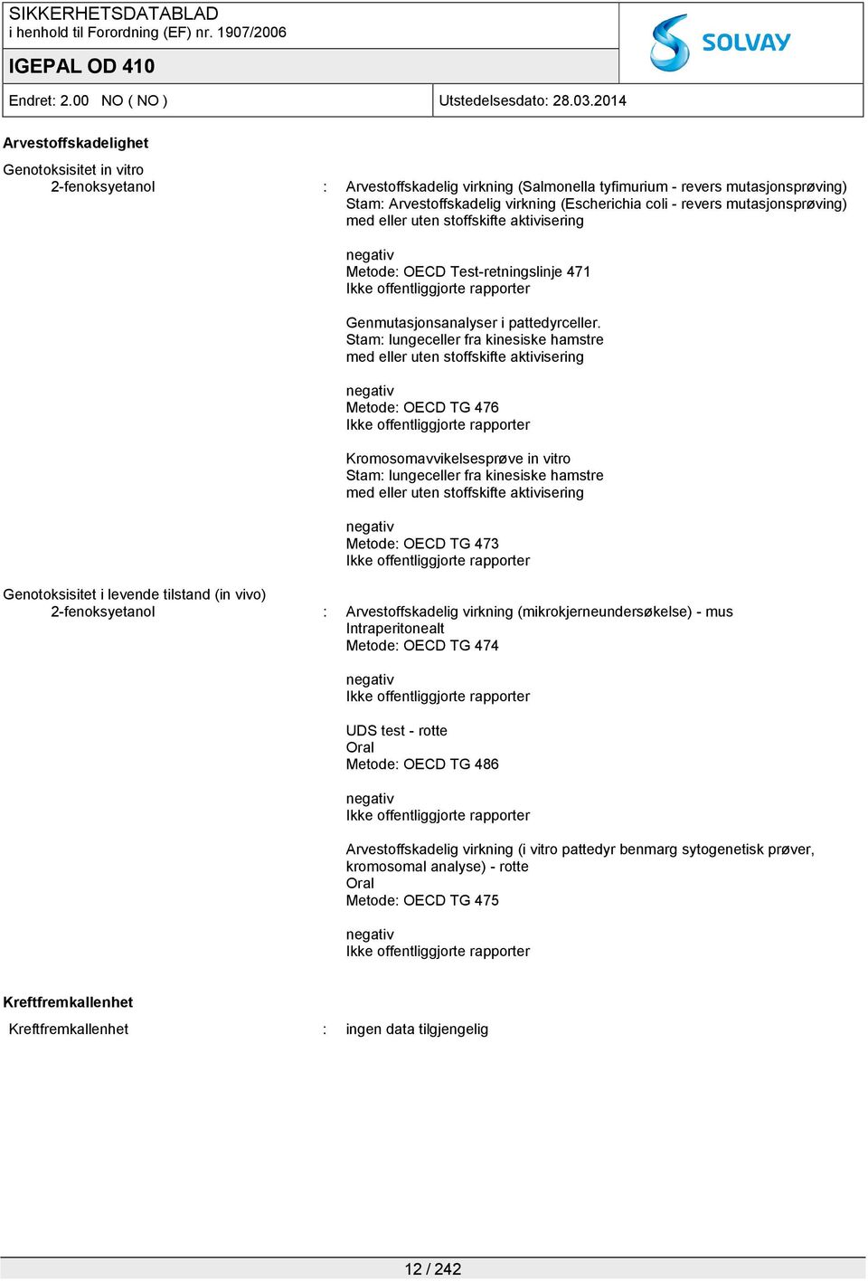 Stam: lungeceller fra kinesiske hamstre med eller uten stoffskifte aktivisering negativ Metode: OECD TG 476 Ikke offentliggjorte rapporter Kromosomavvikelsesprøve in vitro Stam: lungeceller fra