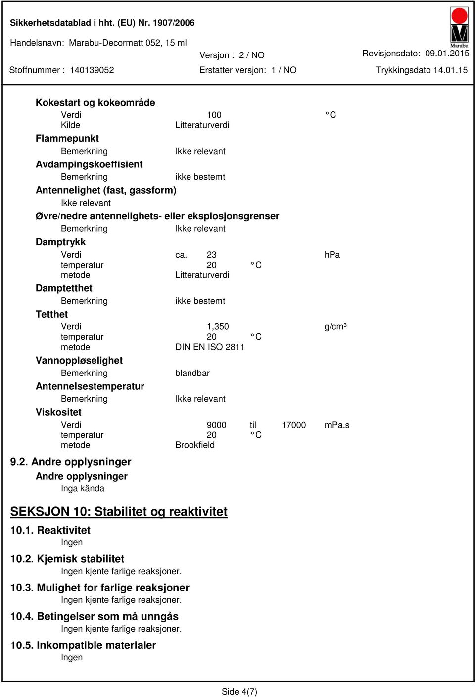 23 hpa metode Litteraturverdi Damptetthet Tetthet Verdi 1,350 g/cm³ metode DIN EN ISO 2811 Vannoppløselighet blandbar Antennelsestemperatur Viskositet Verdi 9000 til 17000 mpa.