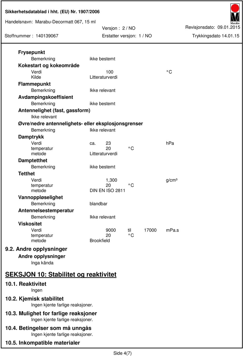 23 hpa metode Litteraturverdi Damptetthet Tetthet Verdi 1,300 g/cm³ metode DIN EN ISO 2811 Vannoppløselighet blandbar Antennelsestemperatur Viskositet Verdi 9000 til 17000 mpa.