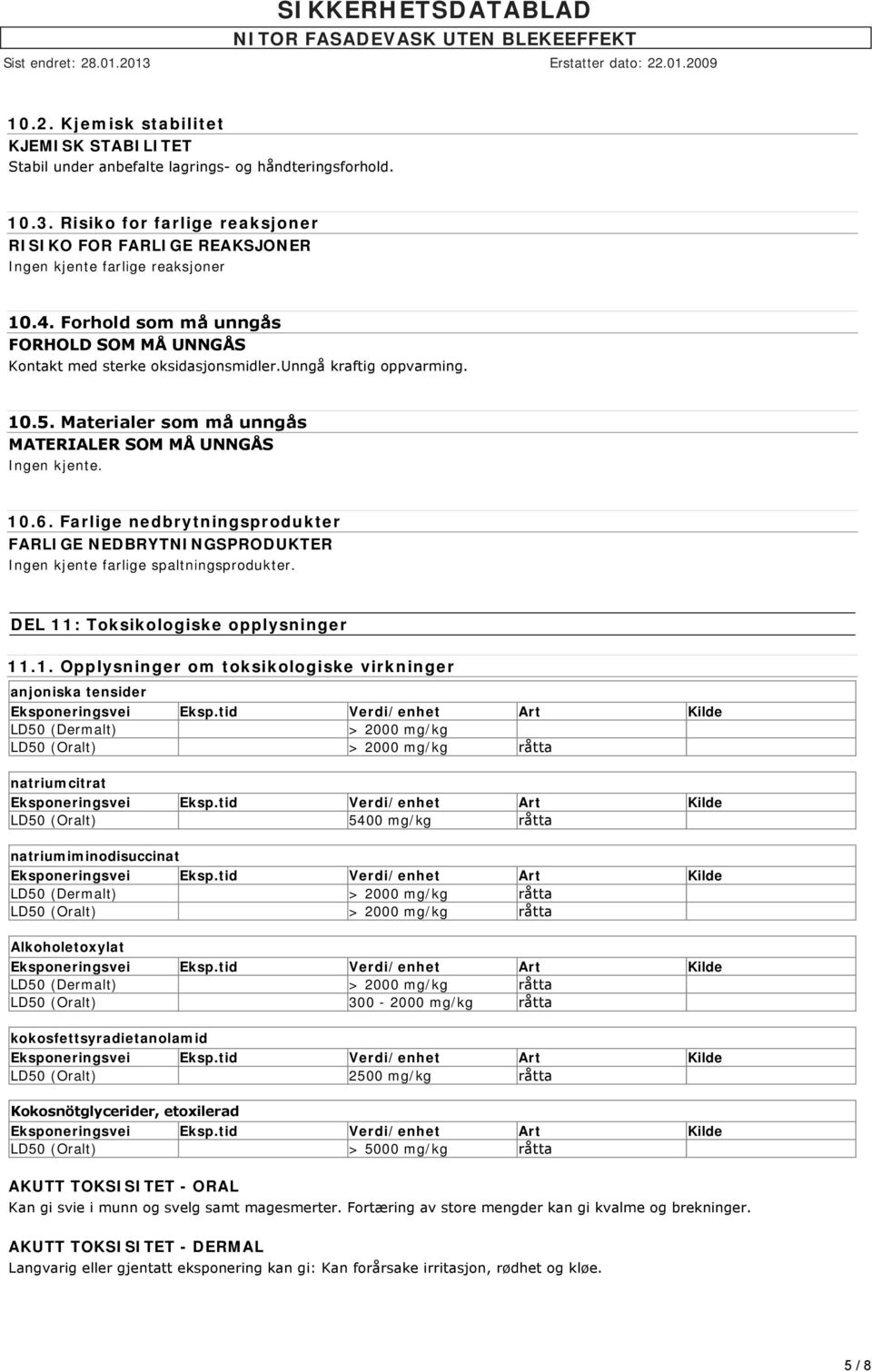 Farlige nedbrytningsprodukter FARLIGE NEDBRYTNINGSPRODUKTER Ingen kjente farlige spaltningsprodukter. DEL 11