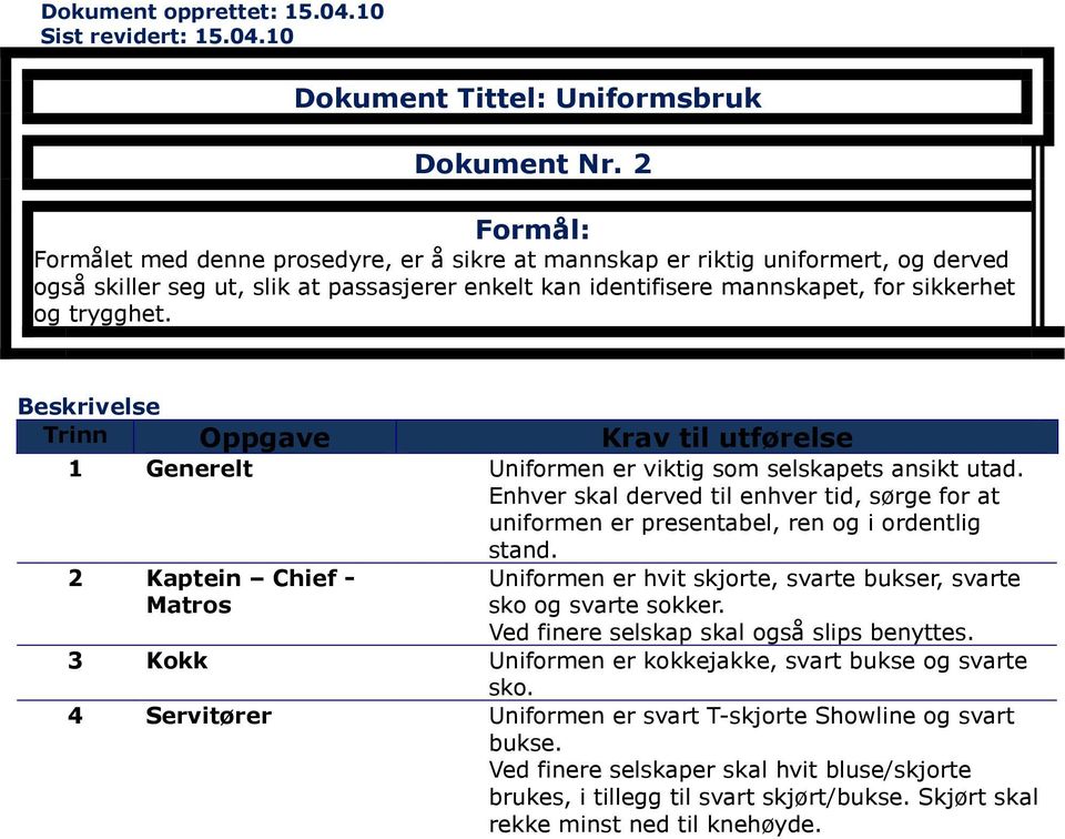 1 Generelt Uniformen er viktig som selskapets ansikt utad. Enhver skal derved til enhver tid, sørge for at uniformen er presentabel, ren og i ordentlig 2 Kaptein Chief - Matros stand.