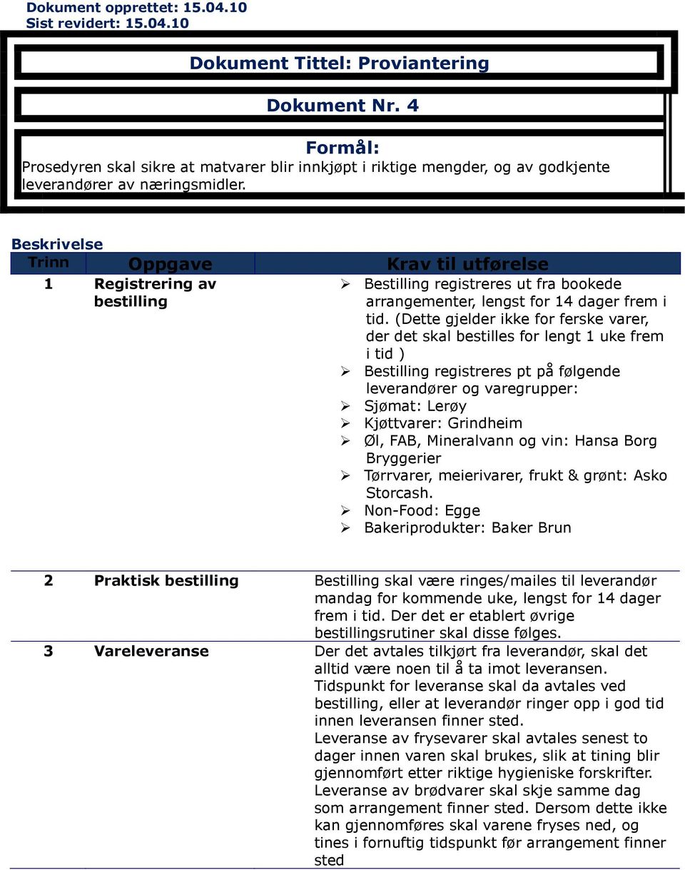 1 Registrering av bestilling Bestilling registreres ut fra bookede arrangementer, lengst for 14 dager frem i tid.