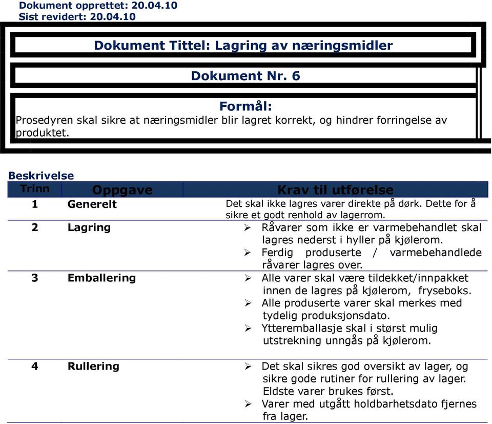 2 Lagring Råvarer som ikke er varmebehandlet skal lagres nederst i hyller på kjølerom. Ferdig produserte / varmebehandlede råvarer lagres over.