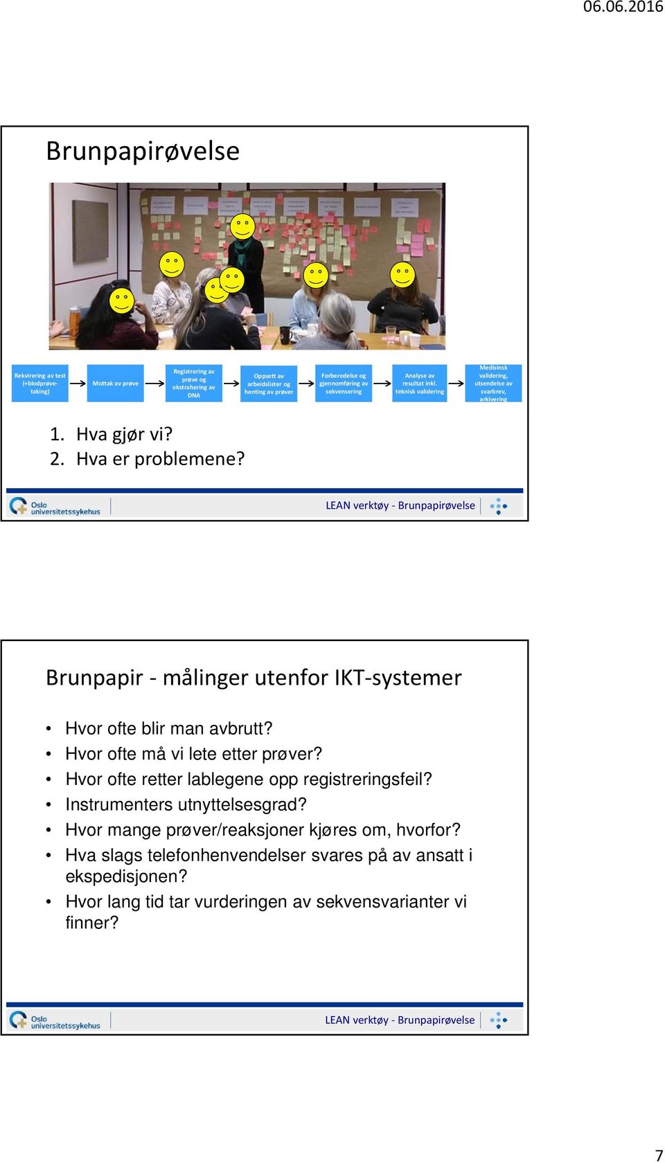 LEAN verktøy Brunpapirøvelse Brunpapir målinger utenfor IKT systemer Hvor ofte blir man avbrutt? Hvor ofte må vi lete etter prøver? Hvor ofte retter lablegene opp registreringsfeil?