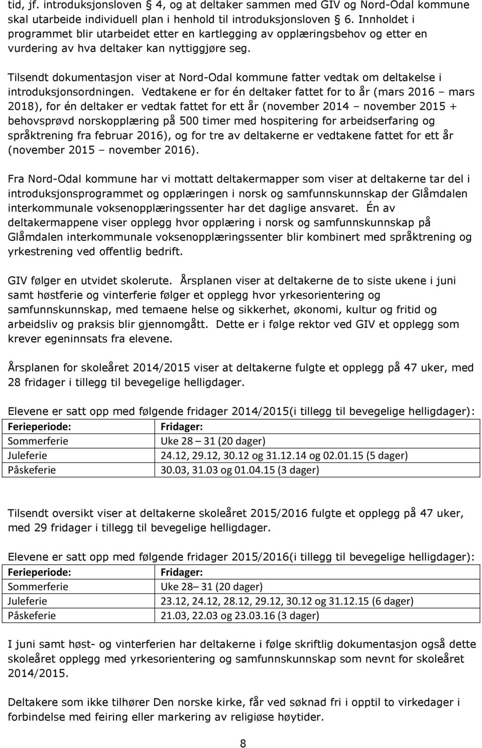 Tilsendt dokumentasjon viser at Nord-Odal kommune fatter vedtak om deltakelse i introduksjonsordningen.