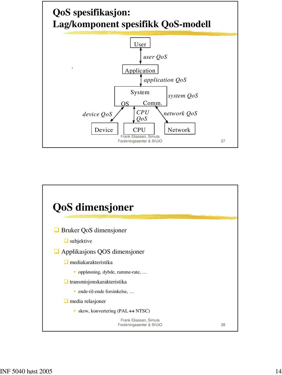 CPU QoS network QoS CPU Network Forskningssenter & Ifi/UiO 27 QoS dimensjoner! Bruker QoS dimensjoner! subjektive!