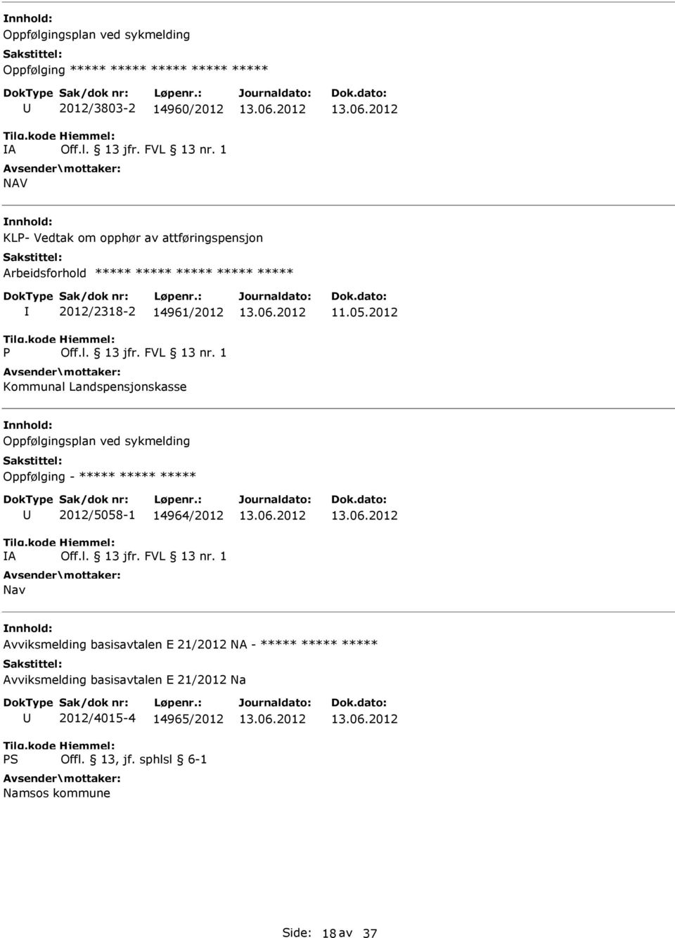 2012 Oppfølgingsplan ved sykmelding Oppfølging - ***** ***** ***** A 2012/5058-1 14964/2012 Nav Avviksmelding