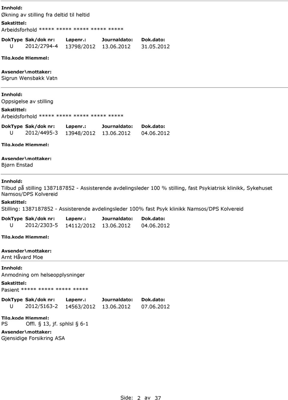 2012 Bjørn Enstad Tilbud på stilling 1387187852 - Assisterende avdelingsleder 100 % stilling, fast Psykiatrisk klinikk, Sykehuset Namsos/D