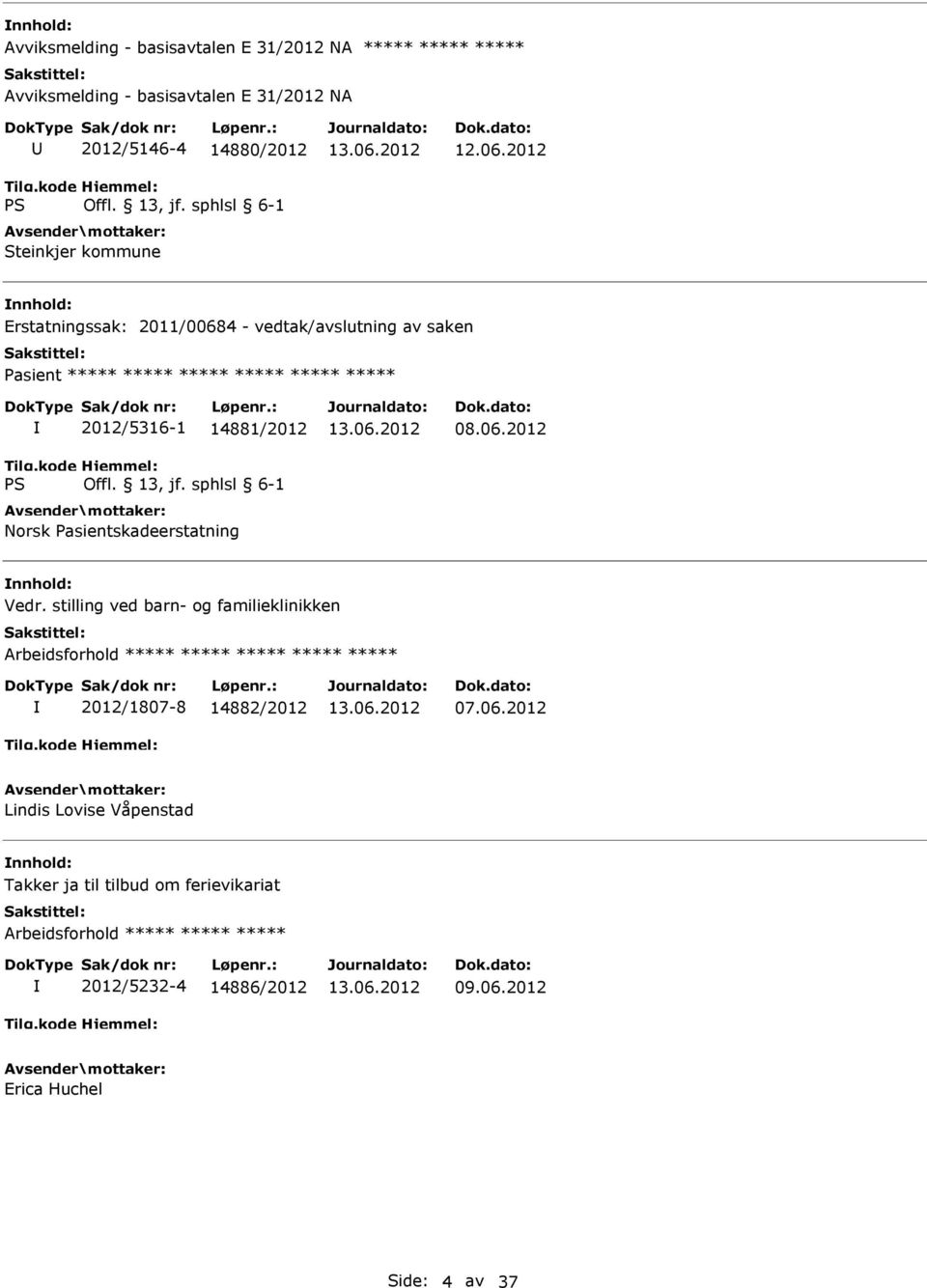 2012 Erstatningssak: 2011/00684 - vedtak/avslutning av saken Pasient ***** ***** ***** ***** ***** ***** 2012/5316-1 14881/2012 Norsk