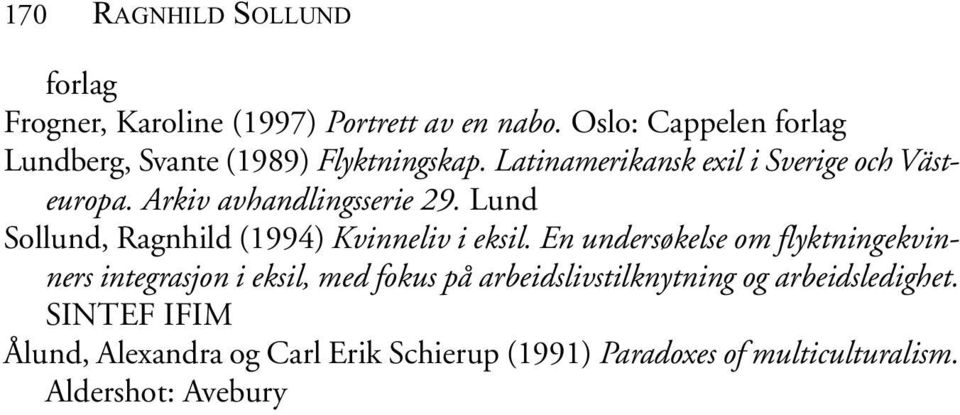 Arkiv avhandlingsserie 29. Lund Sollund, Ragnhild (1994) Kvinneliv i eksil.