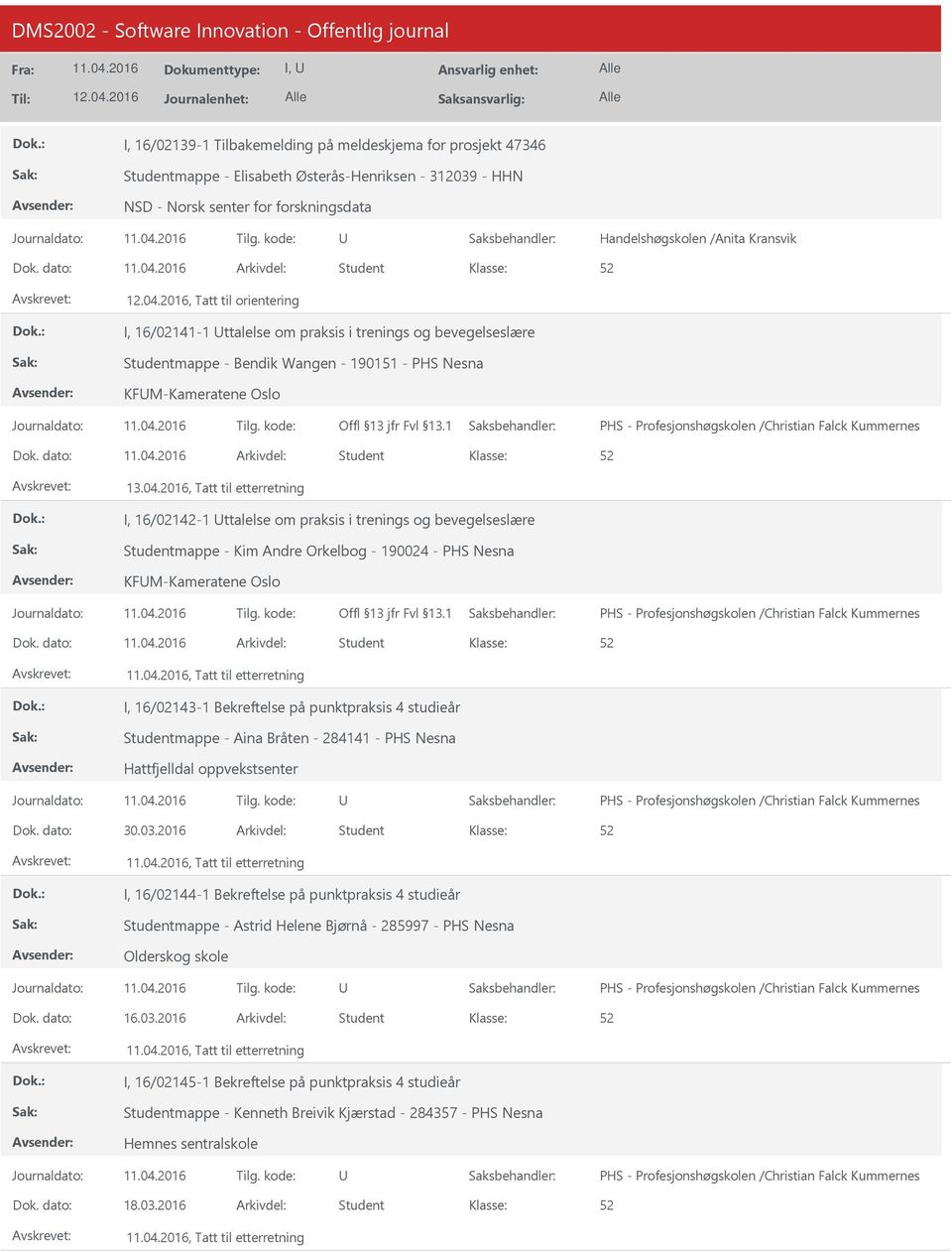 2016, Tatt til etterretning I, 16/02142-1 ttalelse om praksis i trenings og bevegelseslære Studentmappe - Kim Andre Orkelbog - 190024 - PHS Nesna KFM-Kameratene Oslo /Christian Falck Kummernes, Tatt