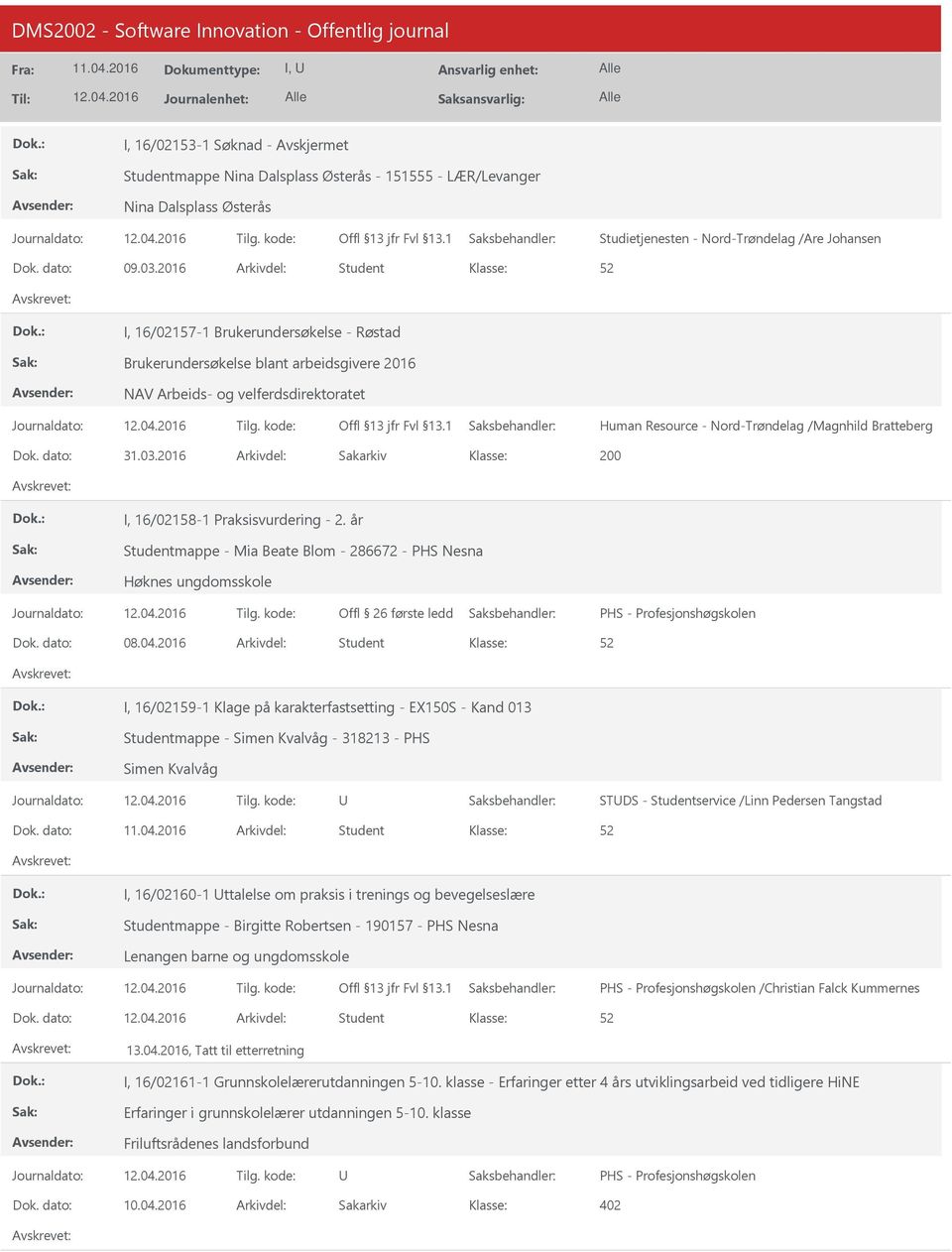 Dok. dato: 31.03.2016 Arkivdel: Sakarkiv 200 I, 16/02158-1 Praksisvurdering - 2. år Studentmappe - Mia Beate Blom - 286672 - PHS Nesna Høknes ungdomsskole Offl 26 første ledd Dok. dato: 08.04.