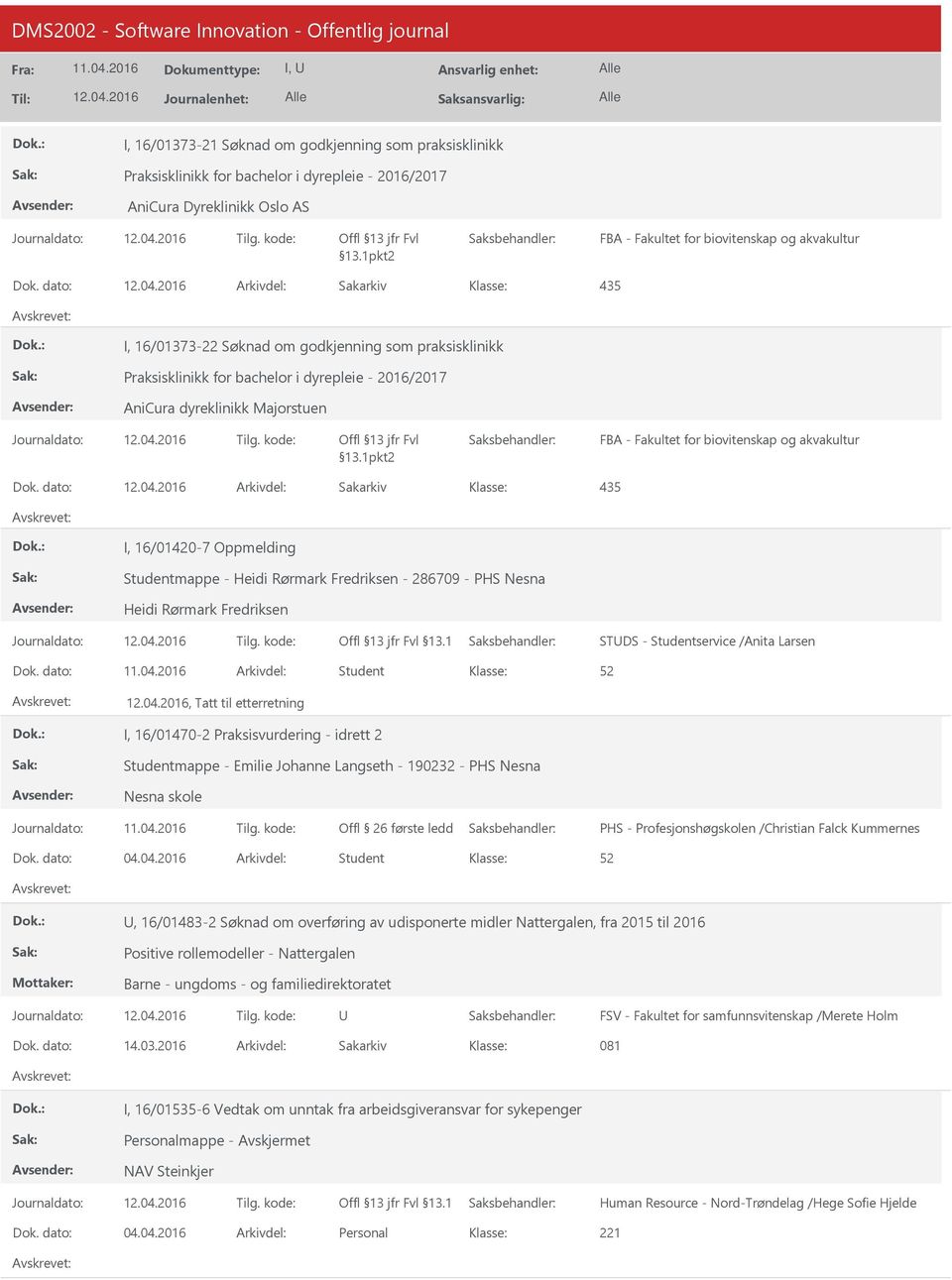 dato: Arkivdel: Sakarkiv 435 I, 16/01373-22 Søknad om godkjenning som praksisklinikk Praksisklinikk for bachelor i dyrepleie - 2016/2017 AniCura dyreklinikk Majorstuen Offl 13 jfr Fvl 13.