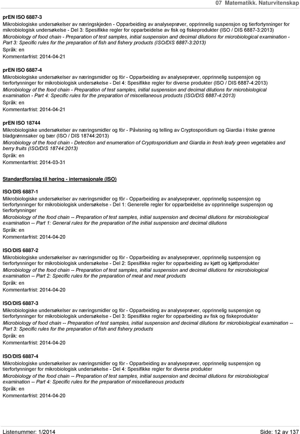 Spesifikke regler for opparbeidelse av fisk og fiskeprodukter (ISO / DIS 6887-3:2013) Microbiology of food chain - Preparation of test samples, initial suspension and decimal dilutions for