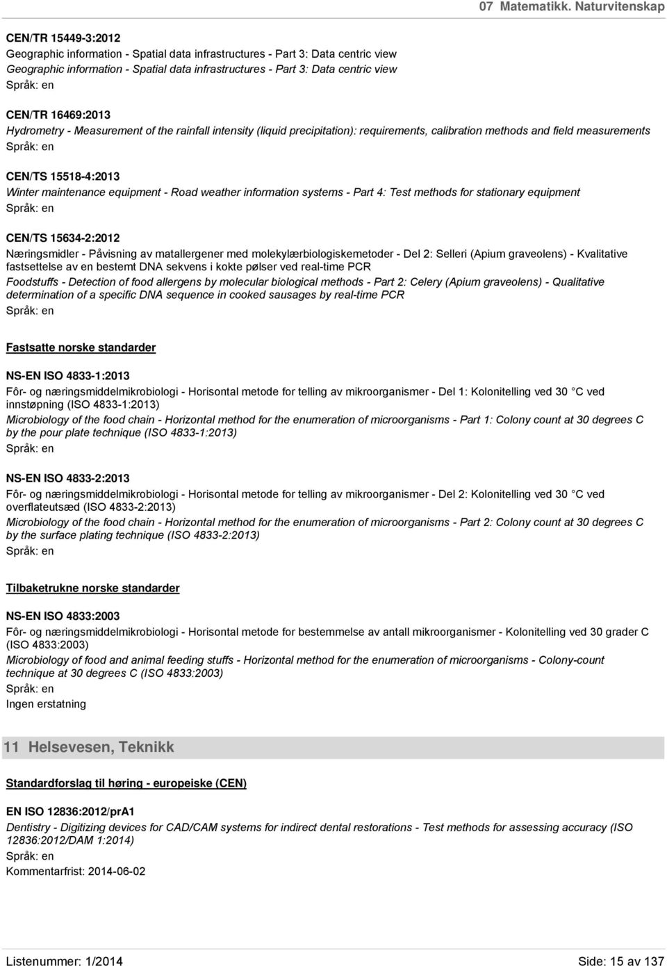 CEN/TR 16469:2013 Hydrometry - Measurement of the rainfall intensity (liquid precipitation): requirements, calibration methods and field measurements CEN/TS 15518-4:2013 Winter maintenance equipment