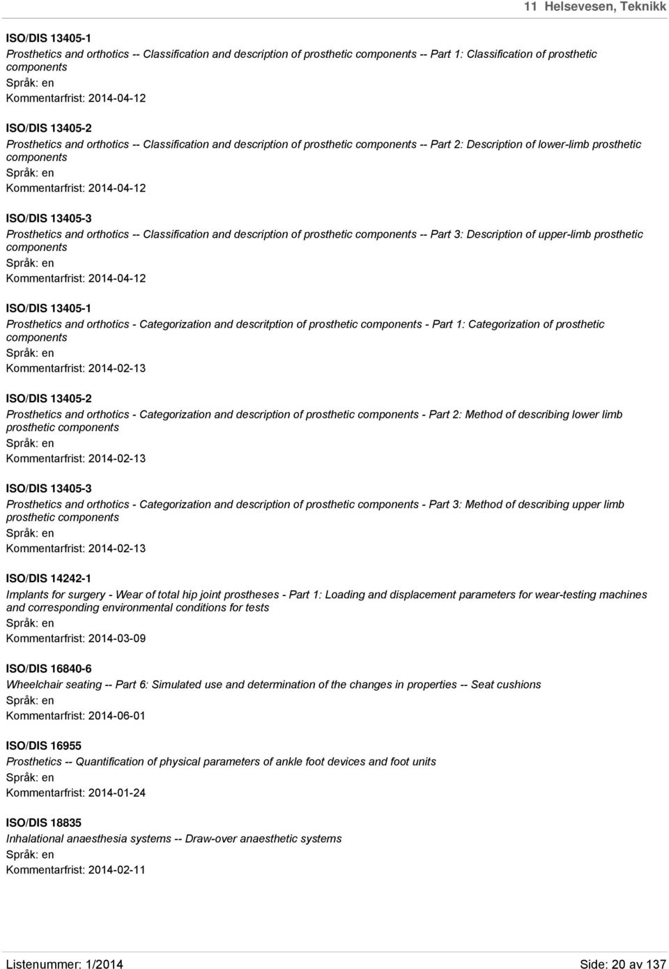 ISO/DIS 13405-3 Prosthetics and orthotics -- Classification and description of prosthetic components -- Part 3: Description of upper-limb prosthetic components Kommentarfrist: 2014-04-12 ISO/DIS