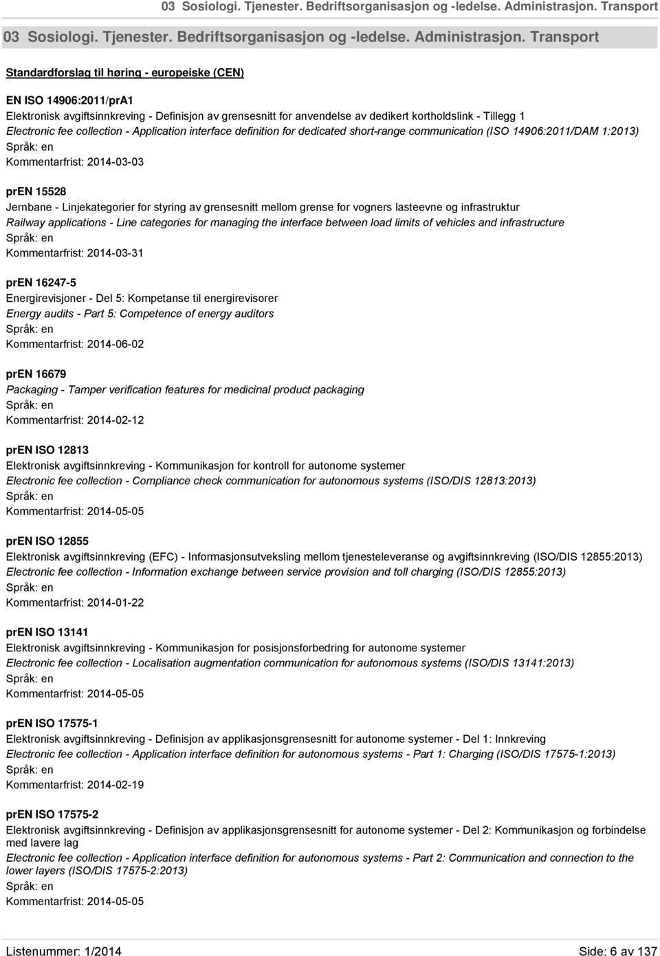 1 Electronic fee collection - Application interface definition for dedicated short-range communication (ISO 14906:2011/DAM 1:2013) Kommentarfrist: 2014-03-03 pren 15528 Jernbane - Linjekategorier for