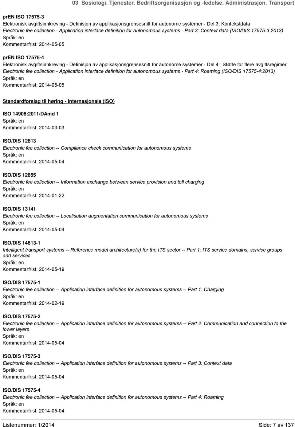 definition for autonomous systems - Part 3: Context data (ISO/DIS 17575-3:2013) Kommentarfrist: 2014-05-05 pren ISO 17575-4 Elektronisk avgiftsinnkreving - Definisjon av applikasjonsgrensesnitt for