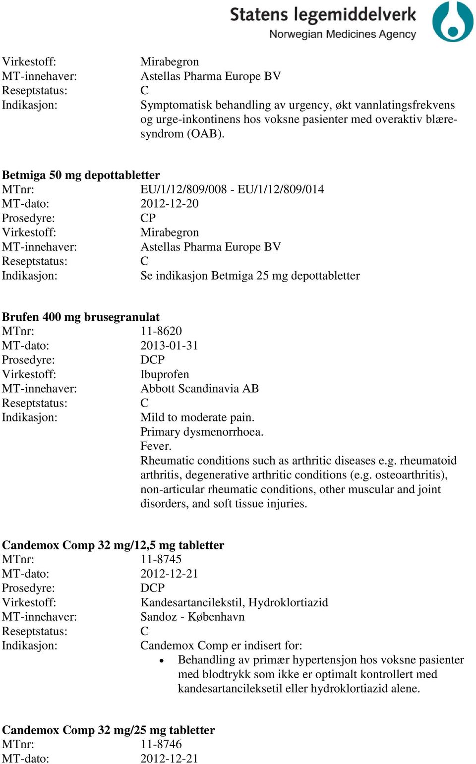 11-8620 MT-dato: 2013-01-31 DP Ibuprofen Abbott Scandinavia AB Mild to moderate pain. Primary dysmenorrhoea. Fever. Rheumatic conditions such as arthritic diseases e.g.