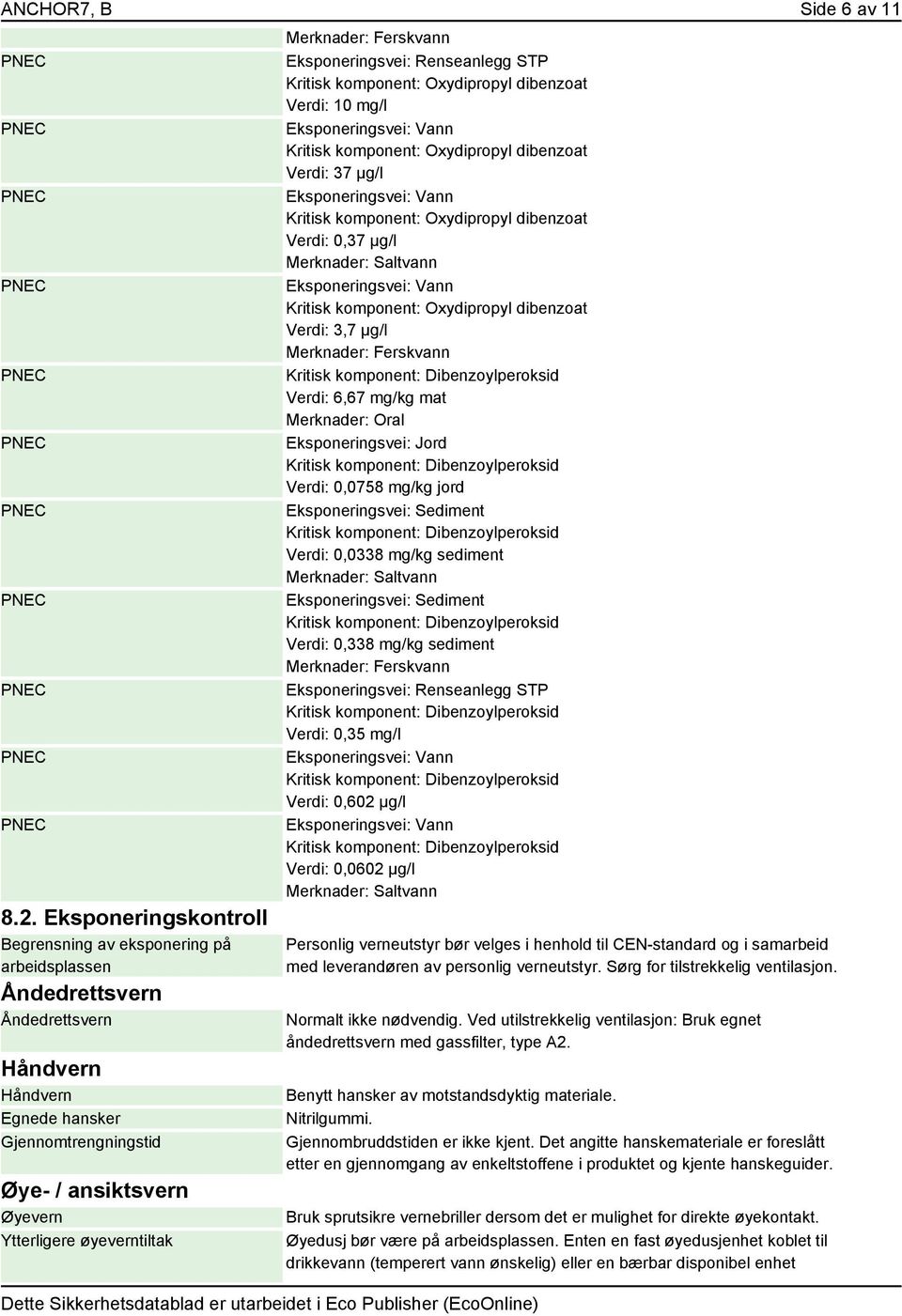 øyeverntiltak Merknader: Ferskvann Eksponeringsvei: Renseanlegg STP Verdi: 10 mg/l Verdi: 37 µg/l Verdi: 0,37 µg/l Merknader: Saltvann Verdi: 3,7 µg/l Merknader: Ferskvann Verdi: 6,67 mg/kg mat