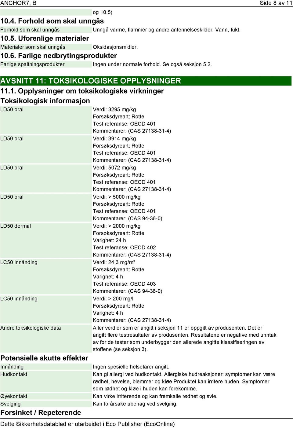 virkninger Toksikologisk informasjon LD50 oral LD50 oral LD50 oral LD50 oral LD50 dermal LC50 innånding LC50 innånding Andre toksikologiske data Potensielle akutte effekter Innånding Hudkontakt