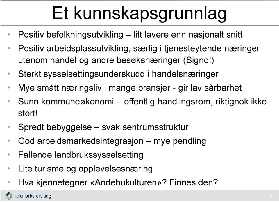 ) Sterkt sysselsettingsunderskudd i handelsnæringer Mye smått næringsliv i mange bransjer - gir lav sårbarhet Sunn kommuneøkonomi offentlig