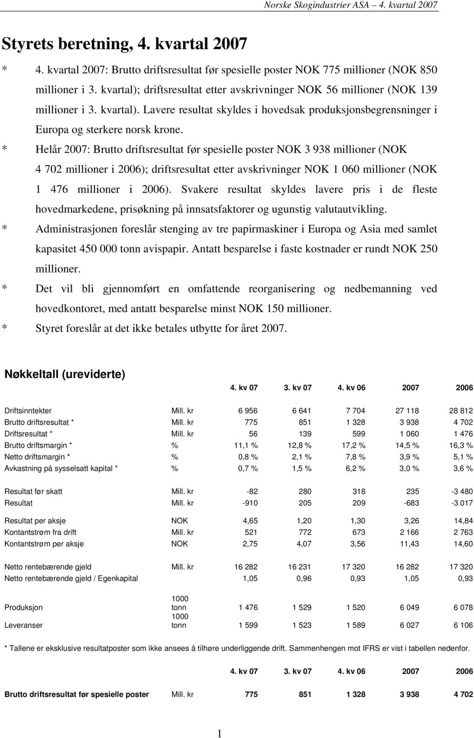 * Helår 2007: Brutto driftsresultat før spesielle poster NOK 3 938 millioner (NOK 4 702 millioner i 2006); driftsresultat etter avskrivninger NOK 1 060 millioner (NOK 1 476 millioner i 2006).