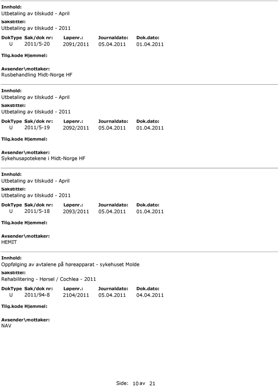 tbetaling av tilskudd - April tbetaling av tilskudd - 2011 2011/5-18 2093/2011 HEMT Oppfølging av avtalene på