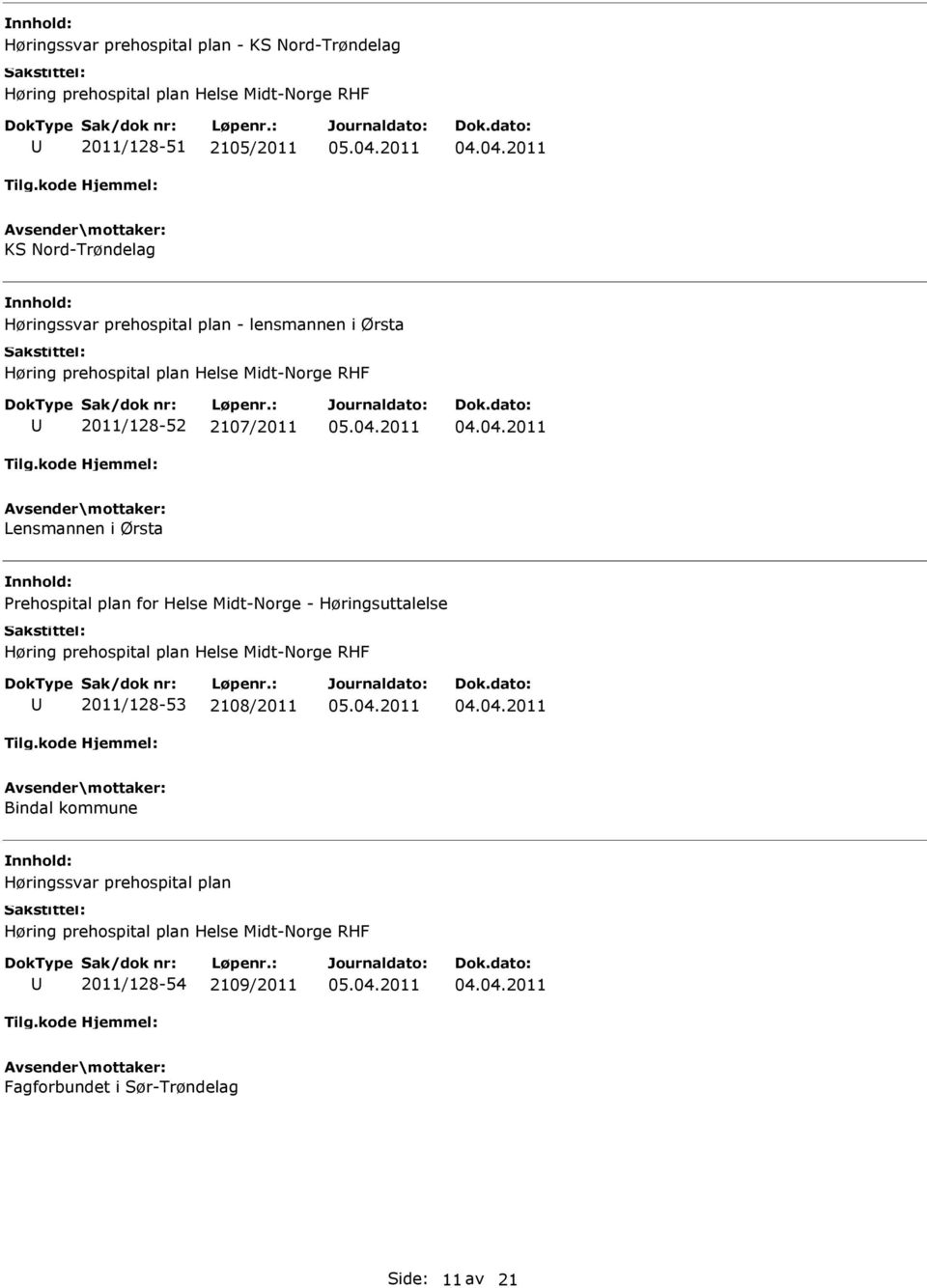 04.2011 Lensmannen i Ørsta Prehospital plan for Helse Midt-Norge - Høringsuttalelse Høring prehospital plan Helse Midt-Norge RHF 2011/128-53