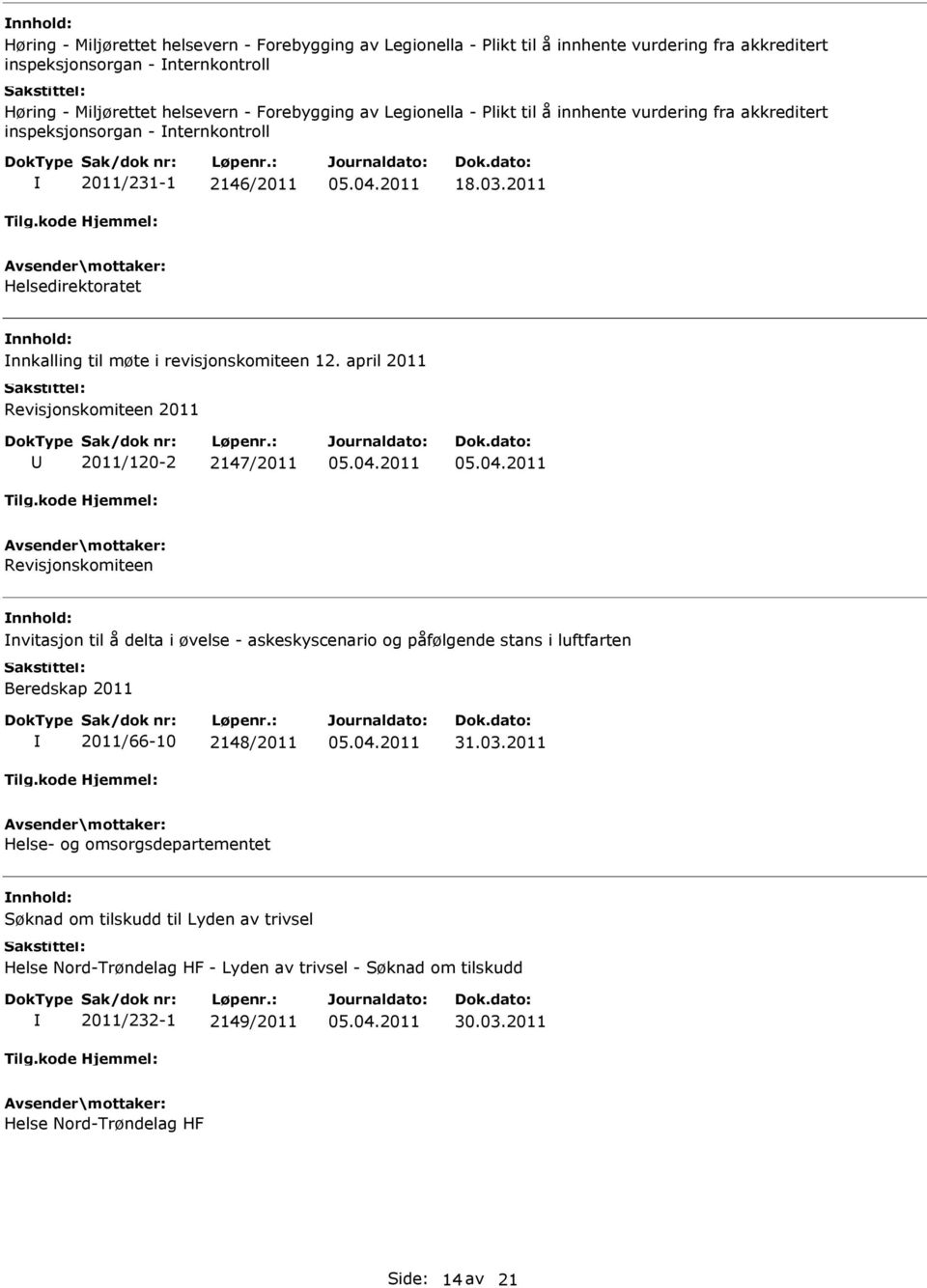 april 2011 Revisjonskomiteen 2011 2011/120-2 2147/2011 Revisjonskomiteen nvitasjon til å delta i øvelse - askeskyscenario og påfølgende stans i luftfarten Beredskap 2011 2011/66-10 2148/2011 31.