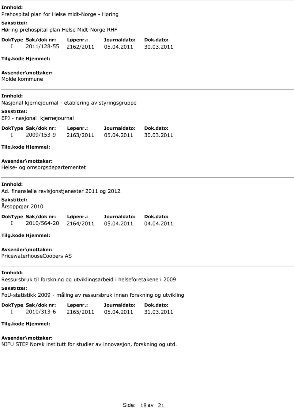 2011 Helse- og omsorgsdepartementet Ad. finansielle revisjonstjenester 2011 og 2012 Årsoppgjør 2010 2010/564-20 2164/2011 04.