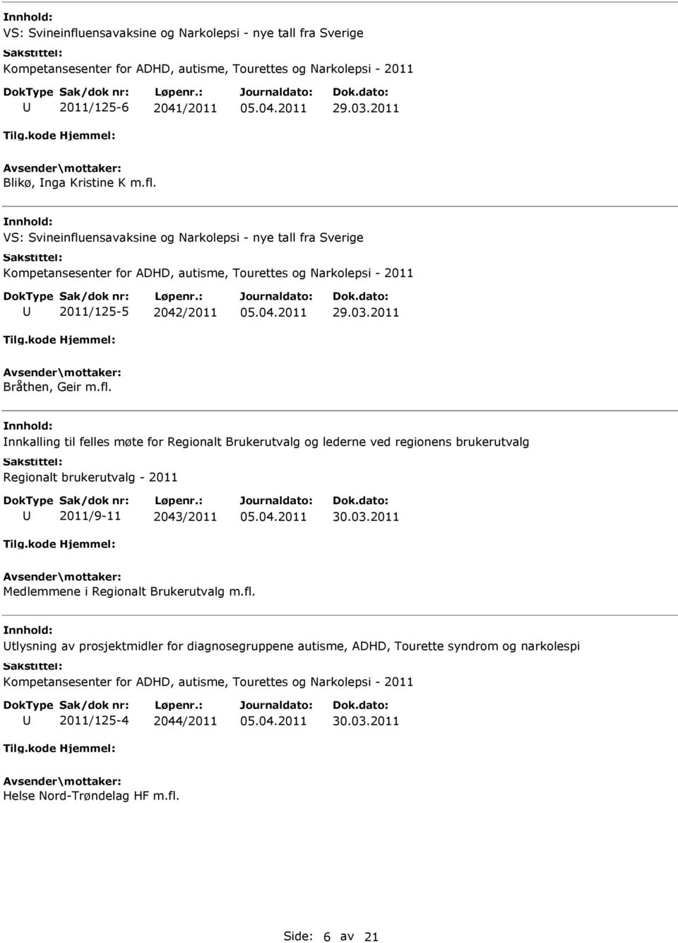 fl. tlysning av prosjektmidler for diagnosegruppene autisme, ADHD, Tourette syndrom og narkolespi Kompetansesenter for ADHD, autisme, Tourettes og Narkolepsi - 2011 2011/125-4 2044/2011 30.03.