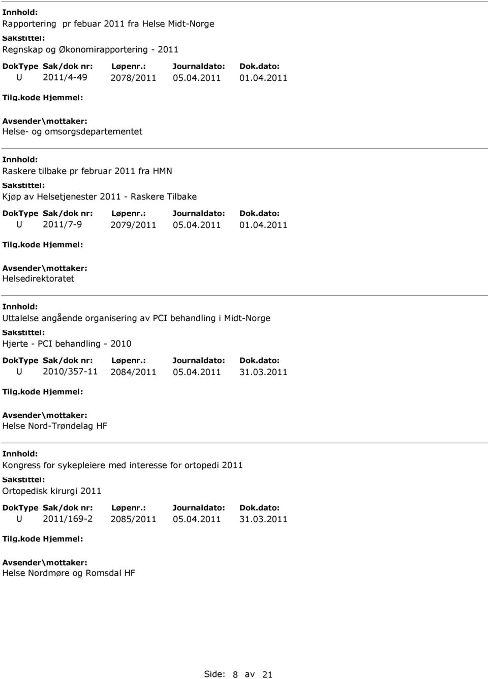 organisering av PC behandling i Midt-Norge Hjerte - PC behandling - 2010 2010/357-11 2084/2011 31.03.