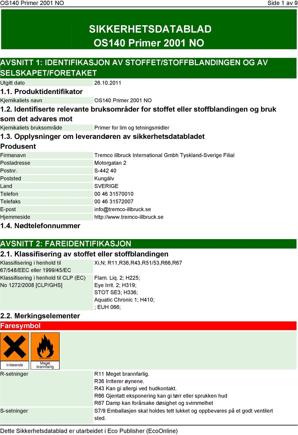 Opplysninger om leverandøren av sikkerhetsdatabladet Produsent Firmanavn Tremco illbruck International Gmbh Tyskland-Sverige Filial Postadresse Motorgatan 2 Postnr.