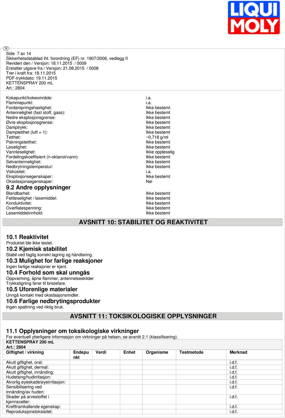 2 Andre opplysninger Blandbarhet: Fettløselighet / løsemiddel: Konduktivitet: Overflatespenning: Løsemiddelinnhold: 10.1 Reaktivitet Produktet ble ikke testet. 10.2 Kjemisk stabilitet Stabil ved faglig korrekt lagring og håndtering.