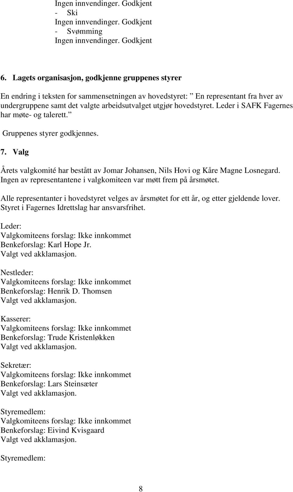 Leder i SAFK Fagernes har møte- og talerett. Gruppenes styrer godkjennes. 7. Valg Årets valgkomité har bestått av Jomar Johansen, Nils Hovi og Kåre Magne Losnegard.