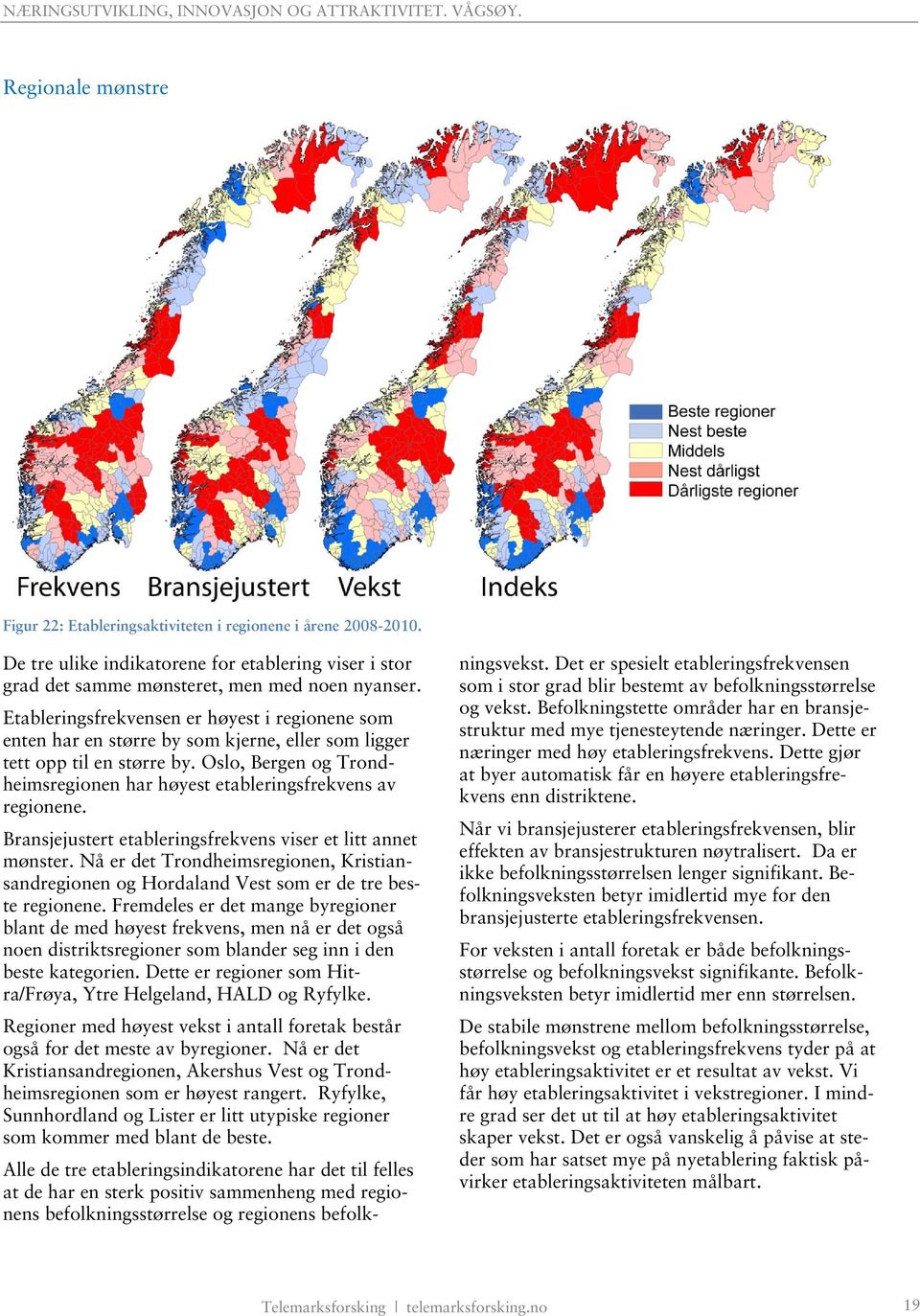 Oslo, Bergen og Trondheimsregionen har høyest etableringsfrekvens av regionene. Bransjejustert etableringsfrekvens viser et litt annet mønster.