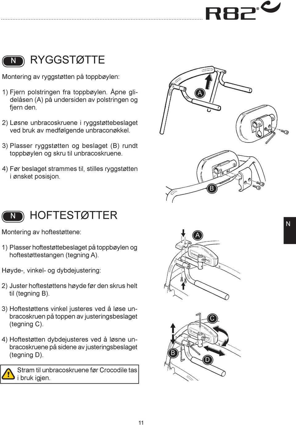 4) Før beslaget strammes til, stilles ryggstøtten i ønsket posisjon. HOFTESTØTTER Montering av hoftestøttene: 1) Plasser hoftestøttebeslaget på toppbøylen og hoftestøttestangen (tegning ).