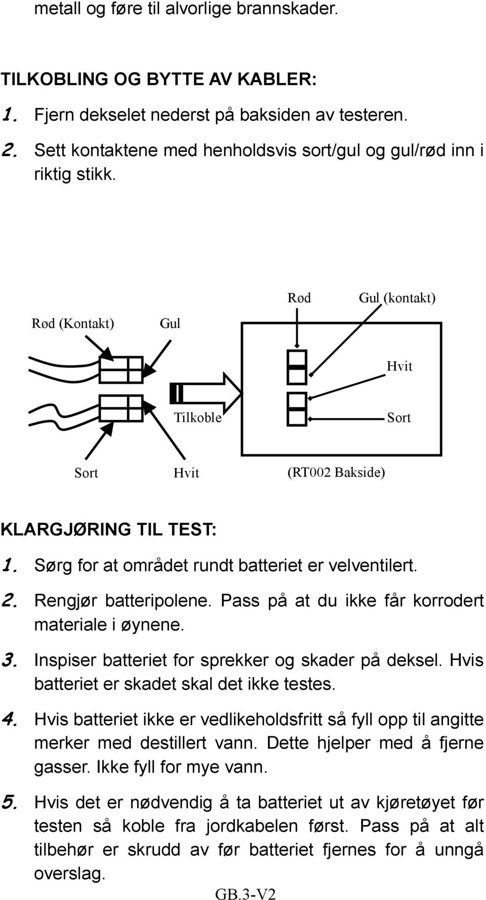 Pass på at du ikke får korrodert materiale i øynene. 3. Inspiser batteriet for sprekker og skader på deksel. Hvis batteriet er skadet skal det ikke testes. 4.