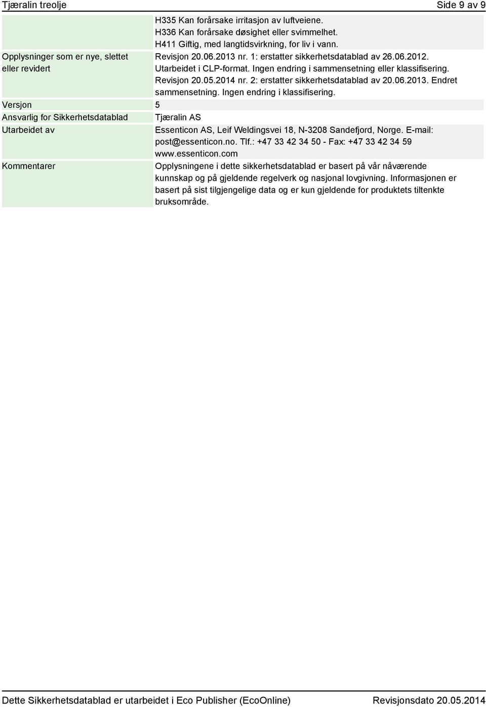 Revisjon 20.05.2014 nr. 2: erstatter sikkerhetsdatablad av 20.06.2013. Endret sammensetning. Ingen endring i klassifisering.