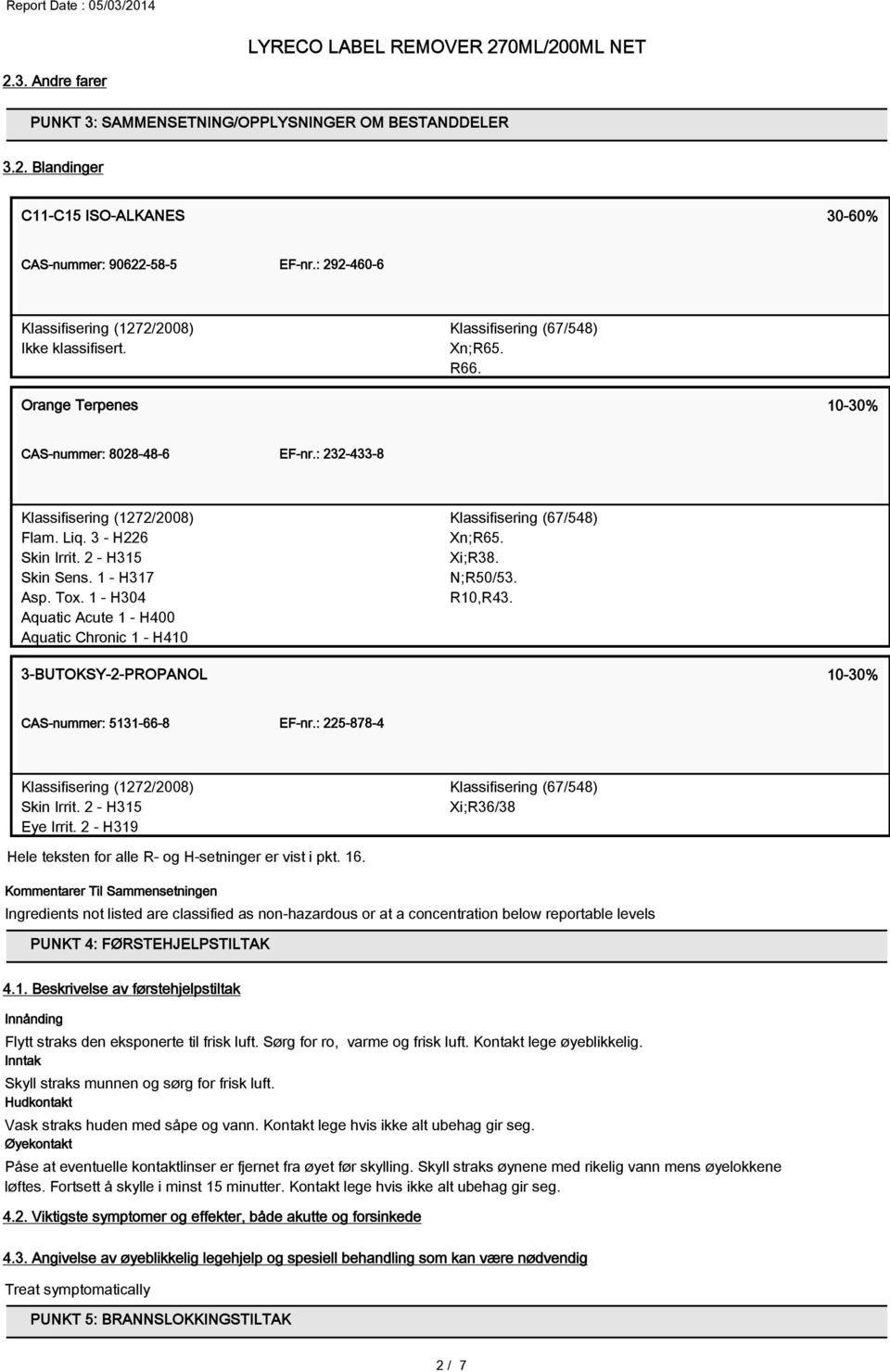 1 - H304 Aquatic Acute 1 - H400 Aquatic Chronic 1 - H410 Klassifisering (67/548) Xn;R65. Xi;R38. N;R50/53. R10,R43. 3-BUTOKSY-2-PROPANOL 10-30% CAS-nummer: 5131-66-8 EF-nr.