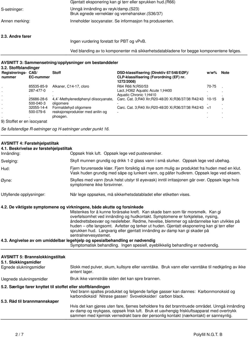 Sammensetning/opplysninger om bestanddeler 32 Stoffblandinger Registreringsnummer CAS/ EC-nummer Stoff DSD-klassifisering (Direktiv 67/548/EØF)/ CLP-klassifisering (Forordning (EF) nr 1272/2008)