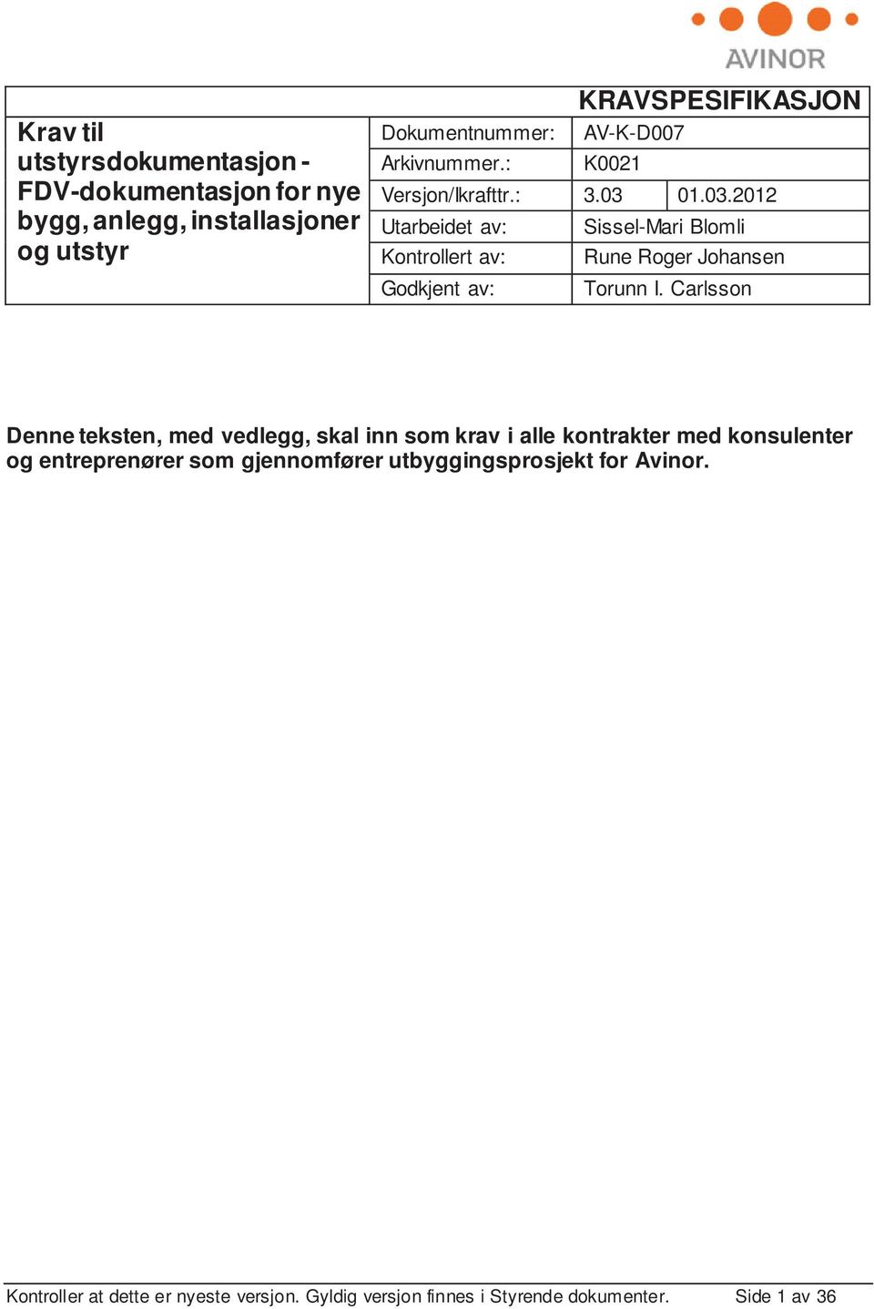 03 Utarbeidet av: Sissel-Mari Blomli Kontrollert av: Rune Roger Johansen Godkjent av: Torunn I.