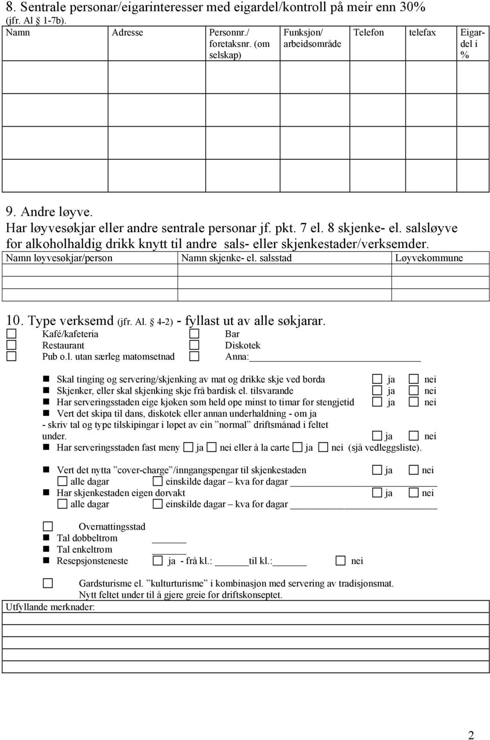 Namn løyvesøkjar/person Namn skjenke- el. salsstad Løyvekommune 10. Type verksemd (jfr. Al. 4-2) - fyllast ut av alle søkjarar. Kafé/kafeteria Restaurant Pub o.l. utan særleg matomsetnad Bar Diskotek Anna: Skal tinging og servering/skjenking av mat og drikke skje ved borda ja nei Skjenker, eller skal skjenking skje frå bardisk el.