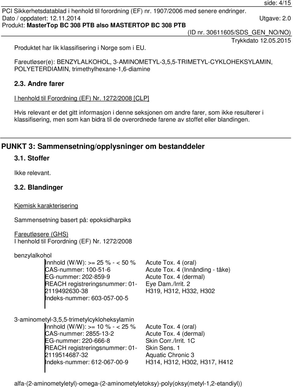 PUNKT 3: Sammensetning/opplysninger om bestanddeler 3.1. Stoffer Ikke relevant. 3.2.