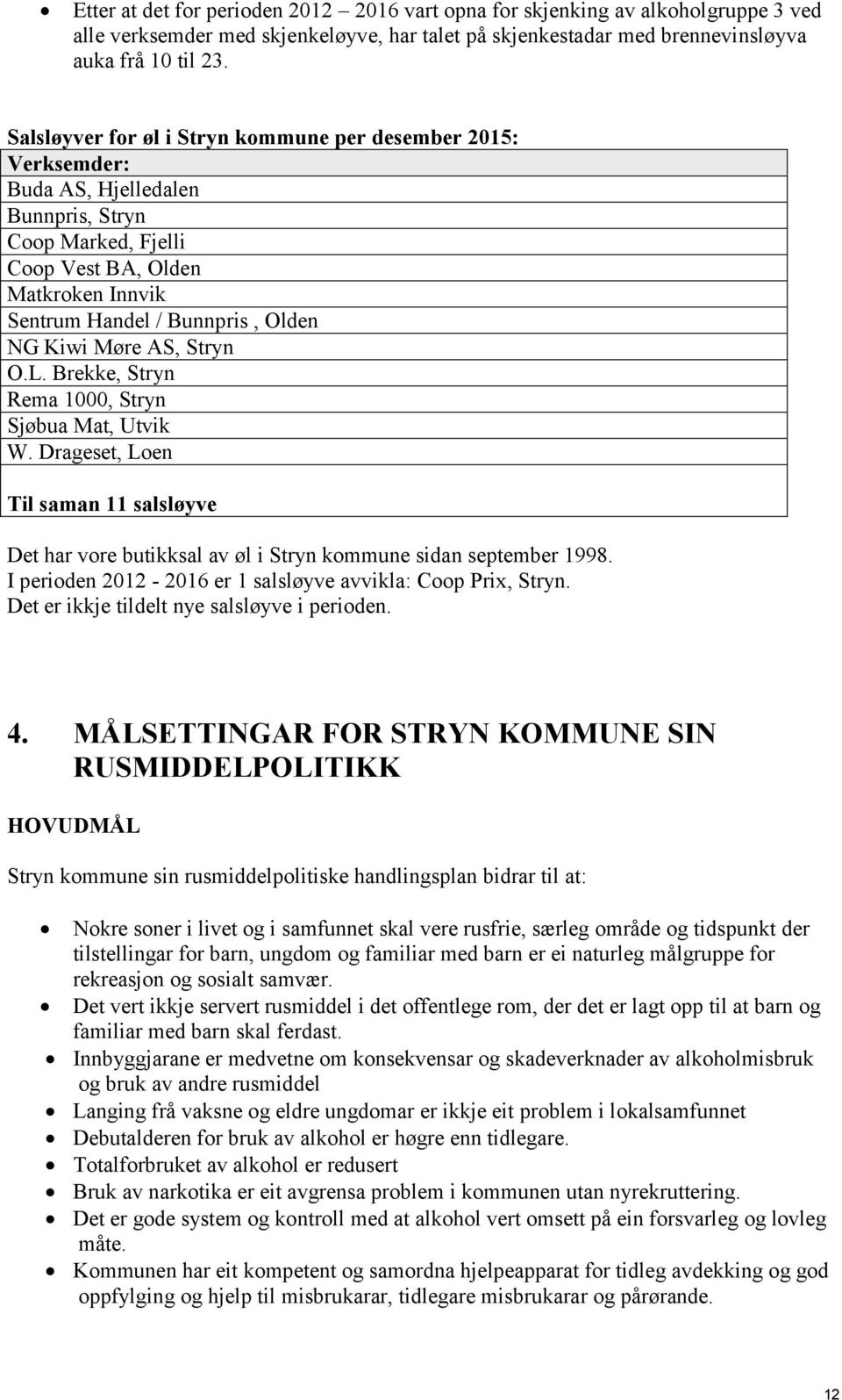 Møre AS, Stryn O.L. Brekke, Stryn Rema 1000, Stryn Sjøbua Mat, Utvik W. Drageset, Loen Til saman 11 salsløyve Det har vore butikksal av øl i Stryn kommune sidan september 1998.