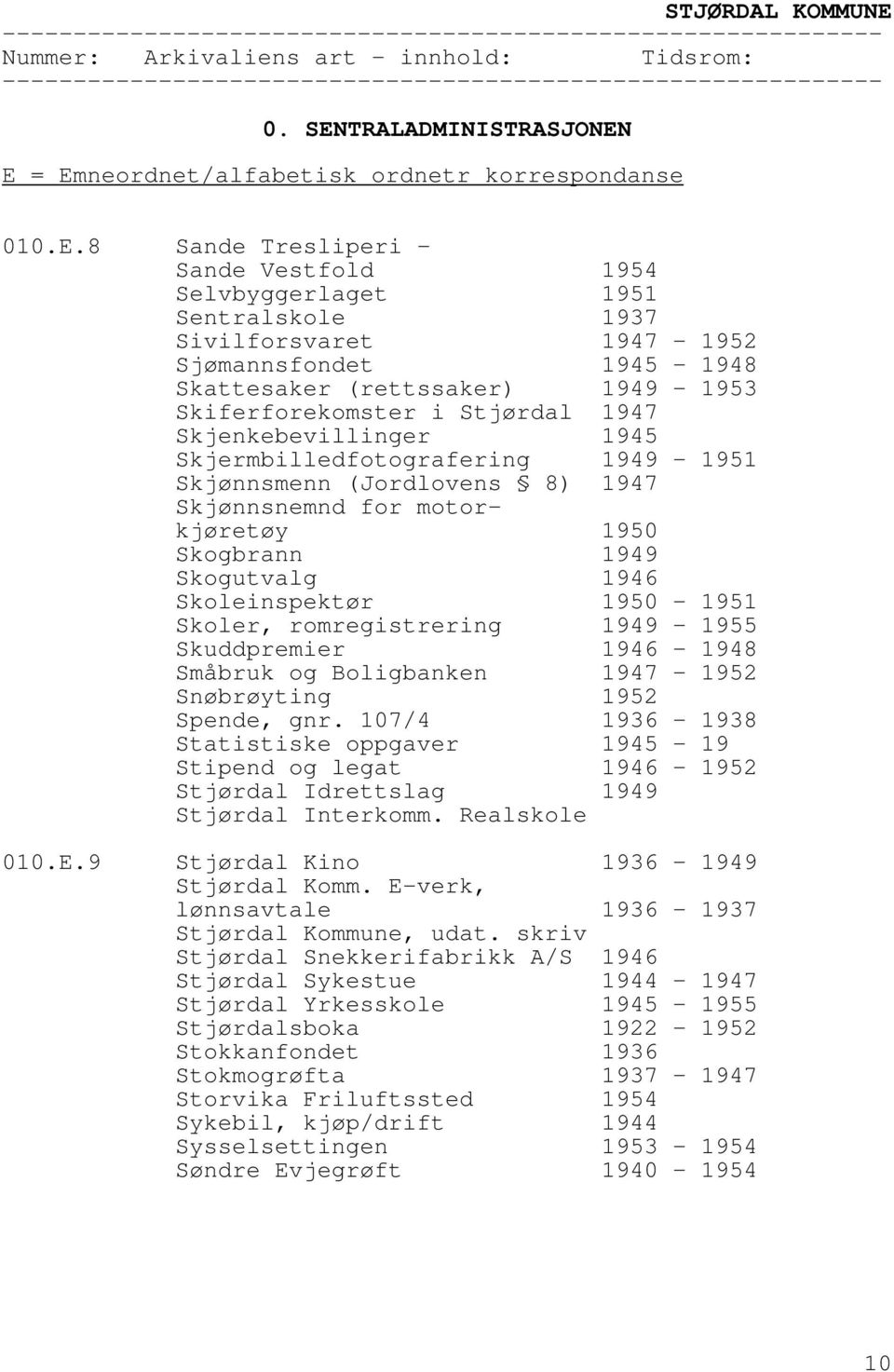 E = Emneordnet/alfabetisk ordnetr korrespondanse 010.E.8 Sande Tresliperi - Sande Vestfold Selvbyggerlaget 1954 1951 Sentralskole 1937 Sivilforsvaret 1947-1952 Sjømannsfondet 1945-1948 Skattesaker