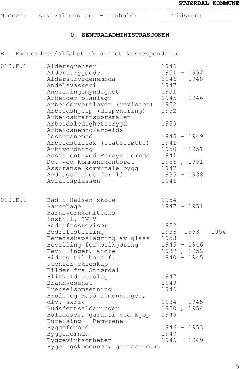 E = Emneordnet/alfabetisk ordnet korrespondanse 010.E.1 Aldersgrenser 1946 Alderstrygdede Alderstrygdenemnda 1951-1952 1946-1948 Andelsvaskeri 1947 Anvisningsmyndighet 1951 Arbeider planlagt