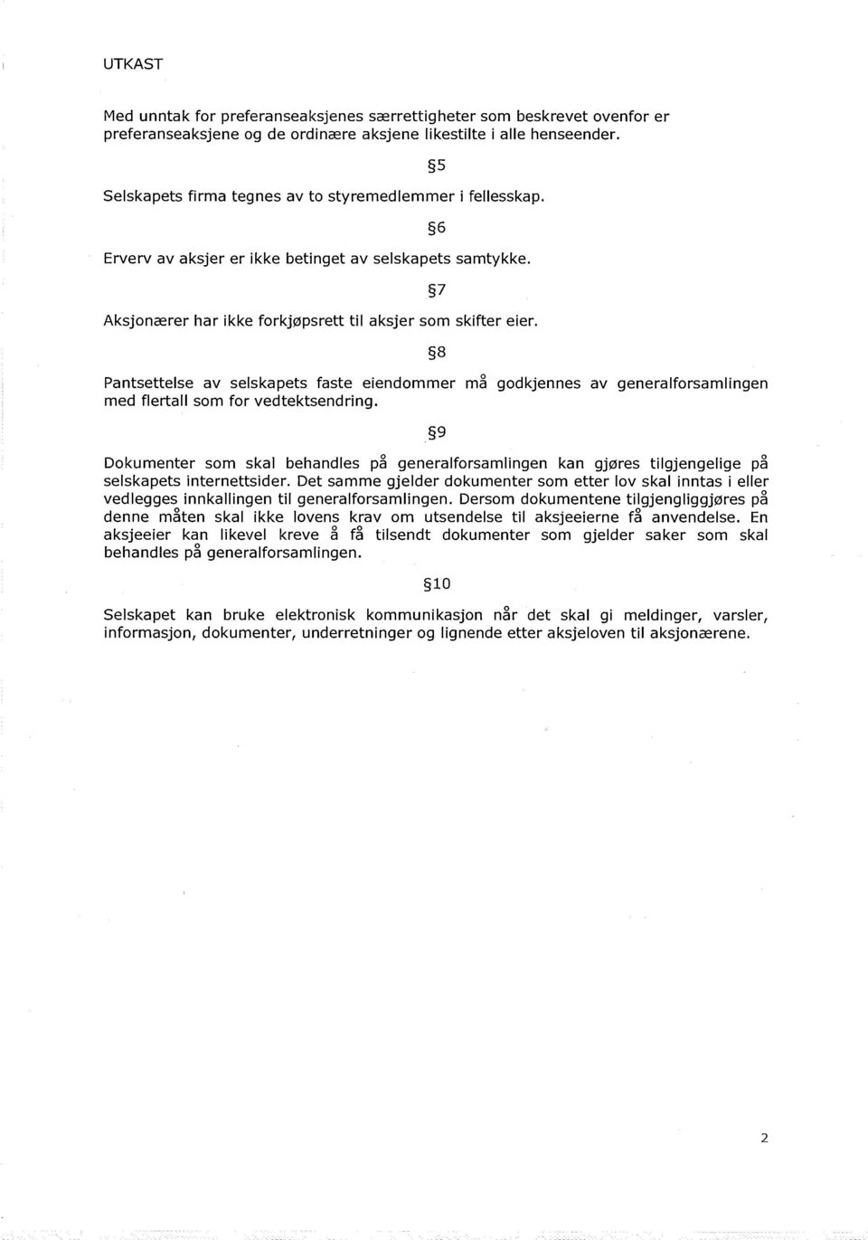 5 6 7 8 Pantsettelse av selskapets faste eiendommer må godkjennes av generalforsamlingen med flertall som for vedtektsendring.